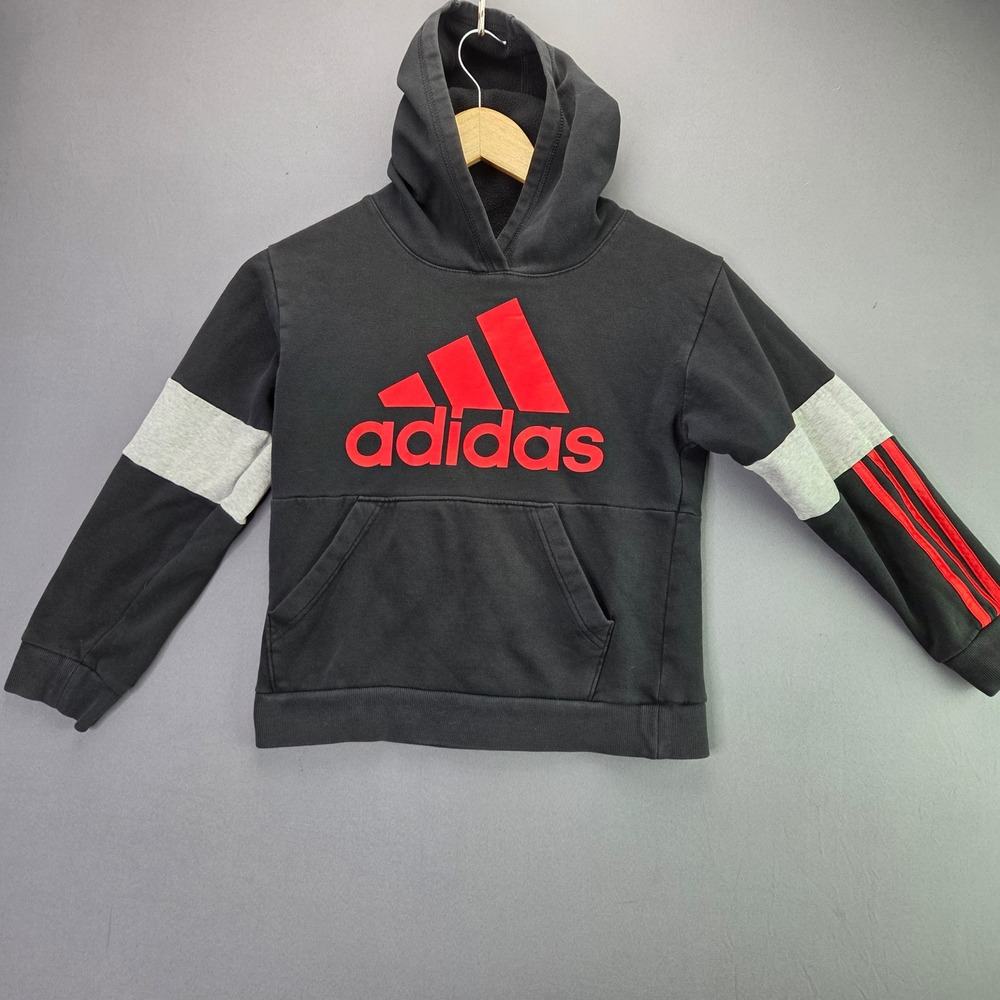 Adidas Hoodie Sweatshirt Big Logo Boys M 10/12 Black Red Fleece Pullover Stripe